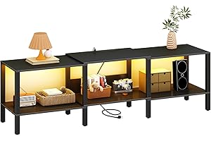 HHETOGOL Black LED TV Stand for Living Room 75 Inch Wood TV Media Console for 45/55/65/75 inch TVs，Industrial TV Stand，TV Stand Media Entertainment Center with Power Outlet ，Rustic Brown CALTV06BKE