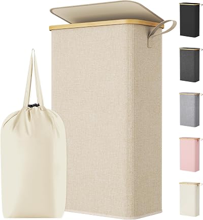 Lifewit 75L Slim Laundry Basket with Lid Beige Narrow Foldable with Bag