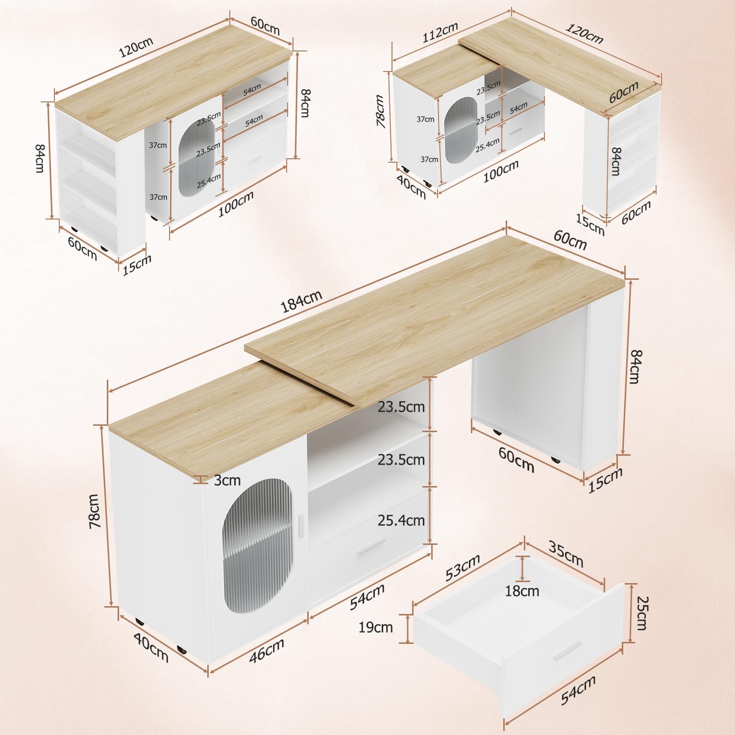 IBF Kücheninsel Freistehend mit Arbeitsplatte Auf 7 Rollen Küchenschrank Küchenwagen Moderne Mobile Kücheninsel Mit 360 Grad Drehbarer Holzplatte und Schublade Für Esszimmer Weiß 184 cm 6