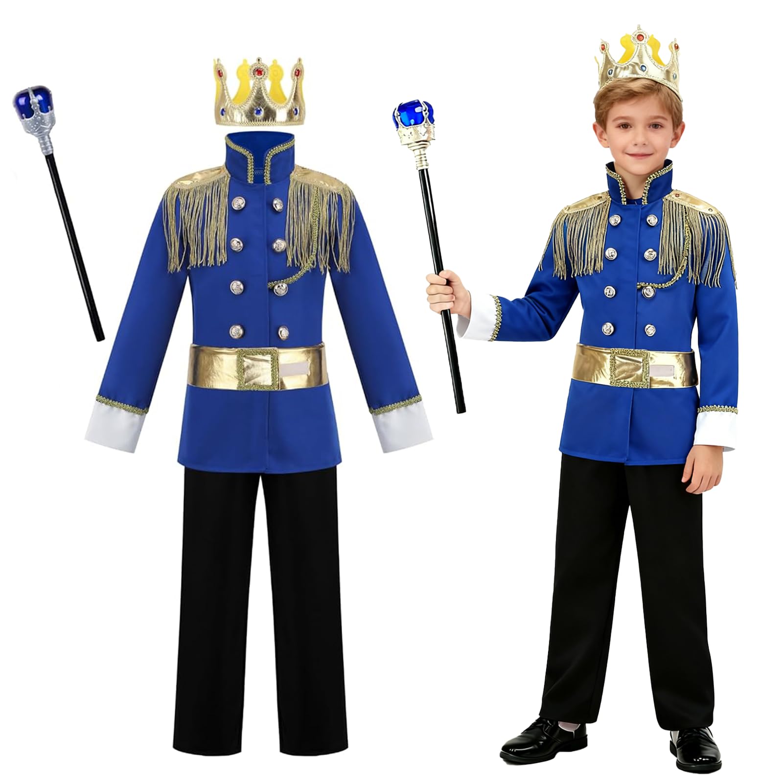 maxToonrain King Costume Kids 5 PCS Prince Charming Costume Boys Royal Dress Up for Halloween Christmas World Book Day Pretend Play (Blue & Black, Medium) — image 1