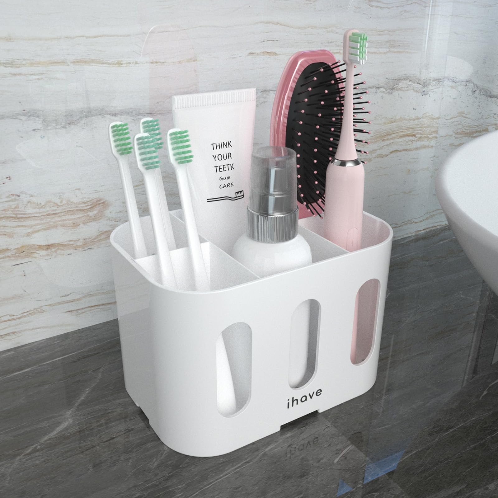 iHave Toothbrush Holder, 5 Slots Electric Toothbrush Holders for Bathroom Countertop, Ventilated Bathroom Storage Organiser Caddy with 2 Hanging Holes