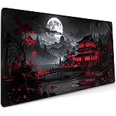 Black Red Japanese Mouse Pad XXL 35.4 X 15.7 Inch Design Style Extended Large Gaming Mousepad Keyboard Full Desk Mat Non-Slip Rubber Base Stitched Edges for Home Office