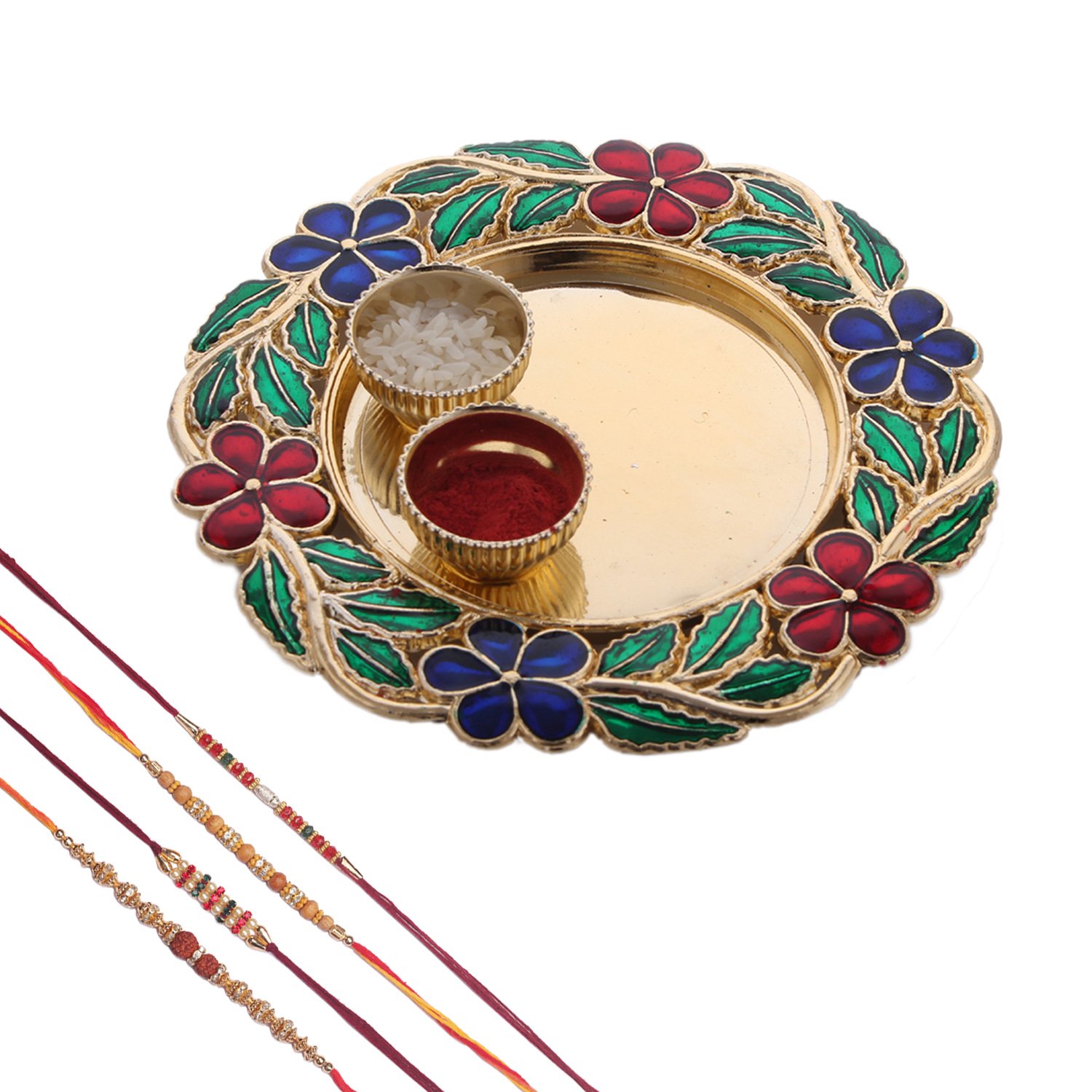 mela rakshabandhan rakhi with pooja plate and kumkum chawal for men/boys (set of 4)