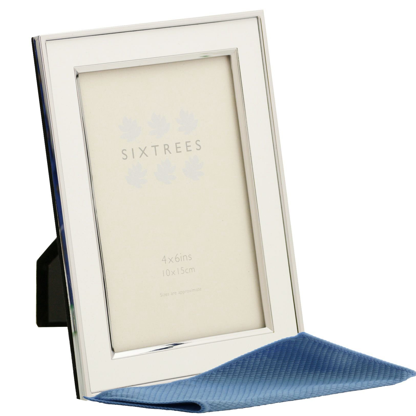 Sixtrees 2-103-46 Abbey White Polished Silver photo frame with lacquered gloss metal insert for a 6" x 4" photo. Complete with our microfibre polishing cloth.