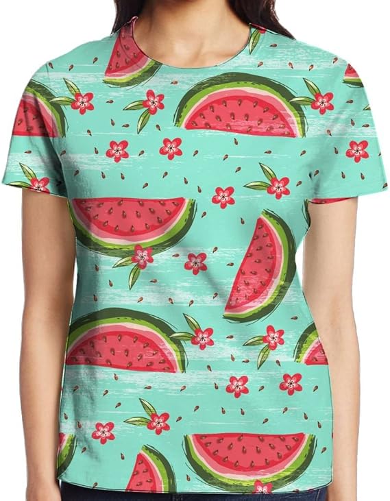 Amazon Co Jp Pinoスイカの花の背景 水彩パターン 大きいサイズもあります 全面プリント 総柄 Tシャツ ブラウス 半袖 カットソー 丸首 レディースティーシャツス プレゼント 上着女性 服 ファッション小物