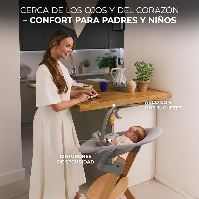 ENOCK Trona bebé de Madera + Hamaca Bebé CALMEE, portatil, para niños, Silla alta Infantil, Evolutiva, Ergonómica, Barrera y Bandeja, Gris
