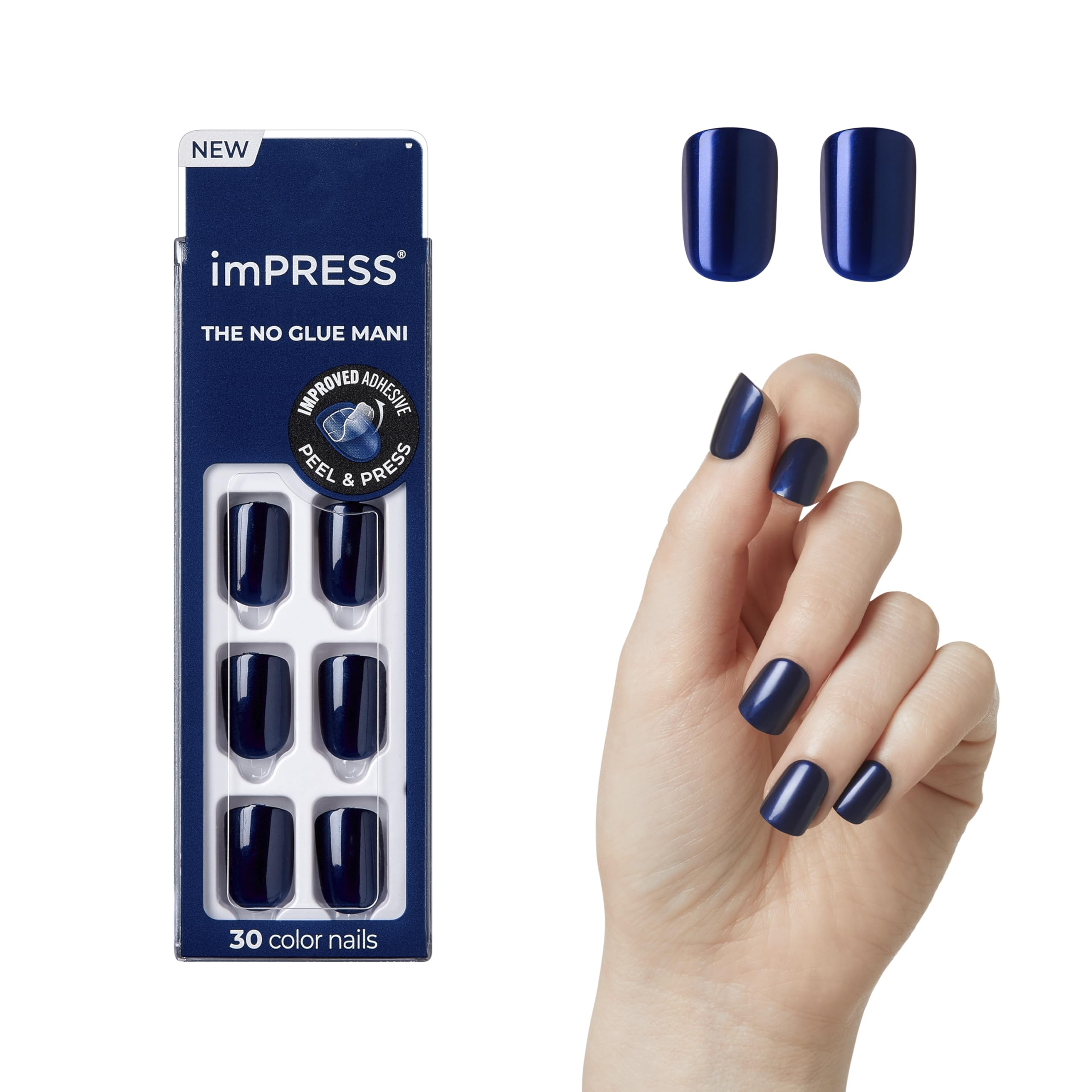 KISS imPRESS No Glue Mani Press On Nails, Color, 'Never Too Navy', Blue, Short Size, Squoval Shape, Includes 30 Nails, Prep Pad, Instructions Sheet, 1 Manicure Stick, 1 Mini File