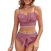 VIAURBE Women's Ruffle Bikini Sets High Waisted 2 Piece Bathing Suits Tummy Control Swimsuits Color Block Tie Front Bikinis
