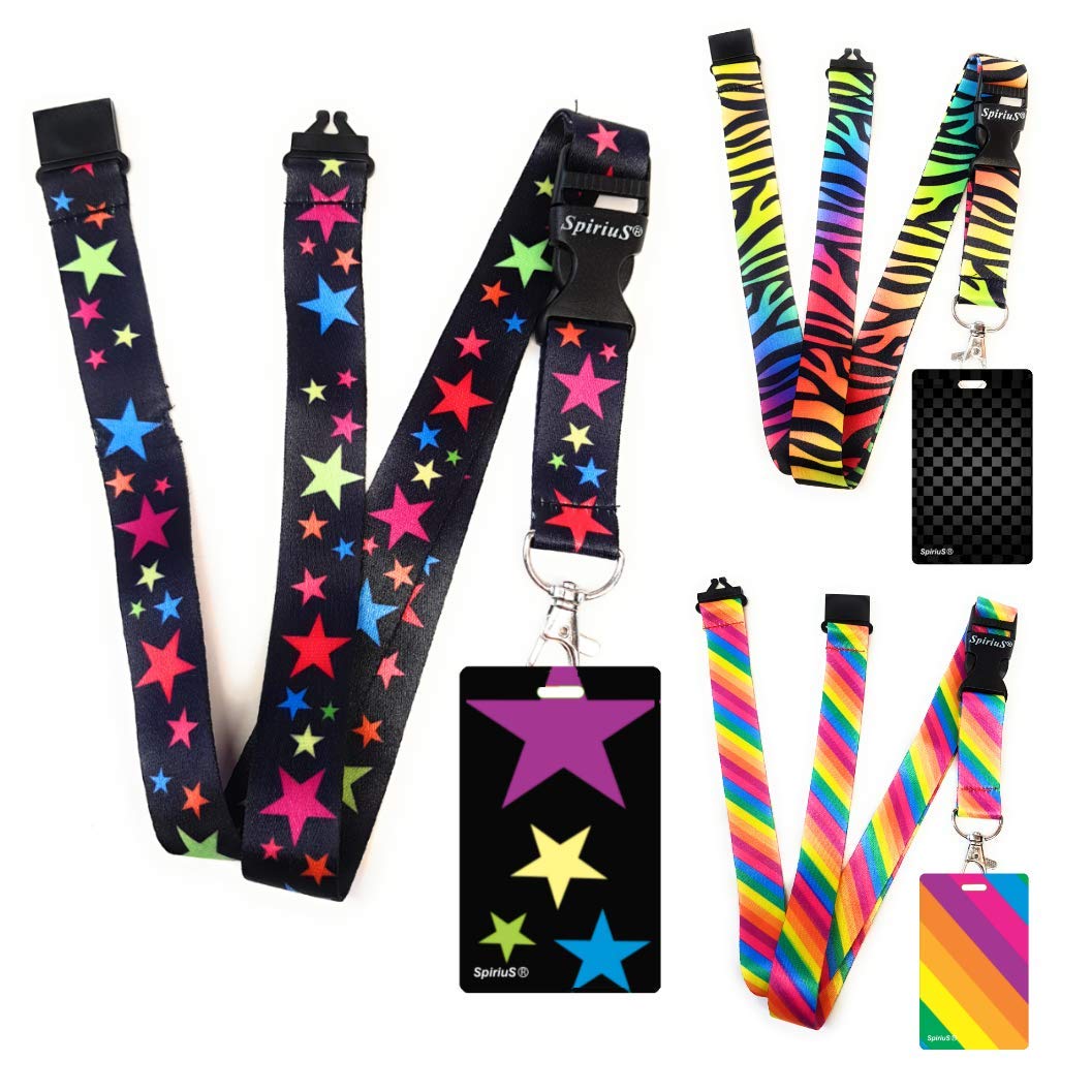 SpiriuS Set of 3 lanyards with Safety Breakaway Clip and Soft Waterproof Card Badge ID Holder Detachable Clip Feature Rainbow Stars Zebra Designs (Rainbow Stars + Zebra + Lines)
