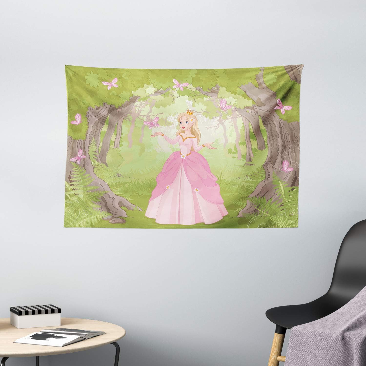 Amazon Com Lunarable Princess Tapestry Charming Girl In Enchanted Forest Surrounded Butterflies Land Wide Wall Hanging For Bedroom Living Room Dorm 60 X 40 Lime Green Pale Pink Home Kitchen
