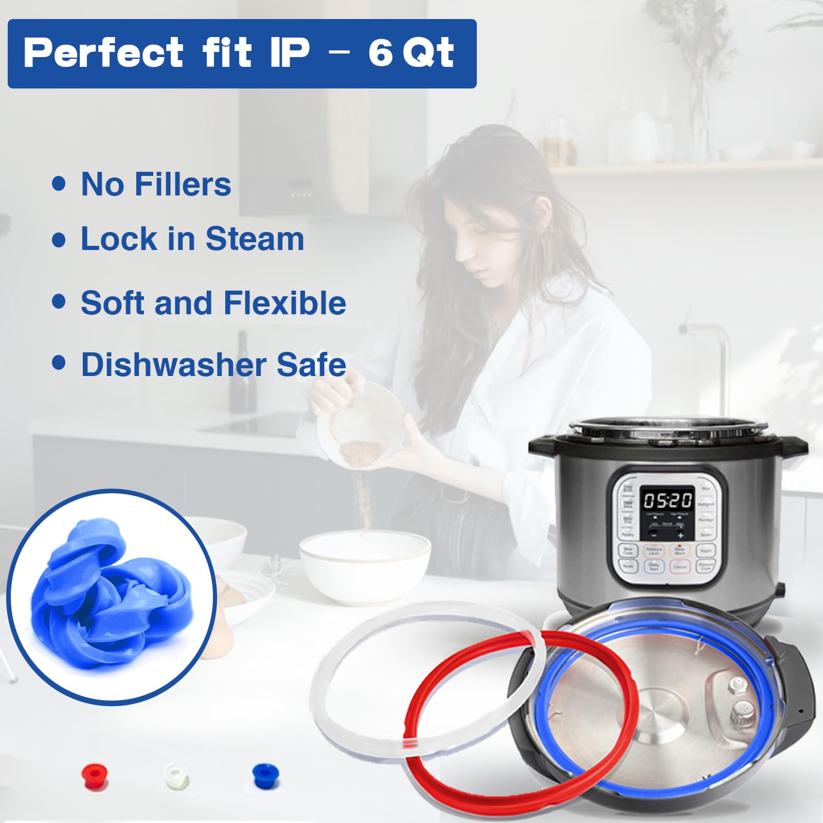 3 Pack Sealing Ring 6 Qt for Instant Pot Sealing Rings for 5/6 Qt Insta Pot, With 3 Float Valve Caps, Food-grade Silicone Instantpot 6Qt Sealing Ring, for Instant Pot 5&6 Qt, Red, Clear and Blue