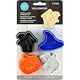 R&M Halloween Pastry & Cookie Cutter set of 4. Assorted Designs and Colors, Haunted House, Witch Hat, Pumpkin, Ghost. 2 Inch Assorted Color Cookie Cutters