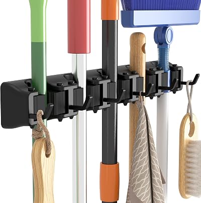 Lifewit Broom Mop Holder Wall Mounted 5 Slot 6 Hooks Black