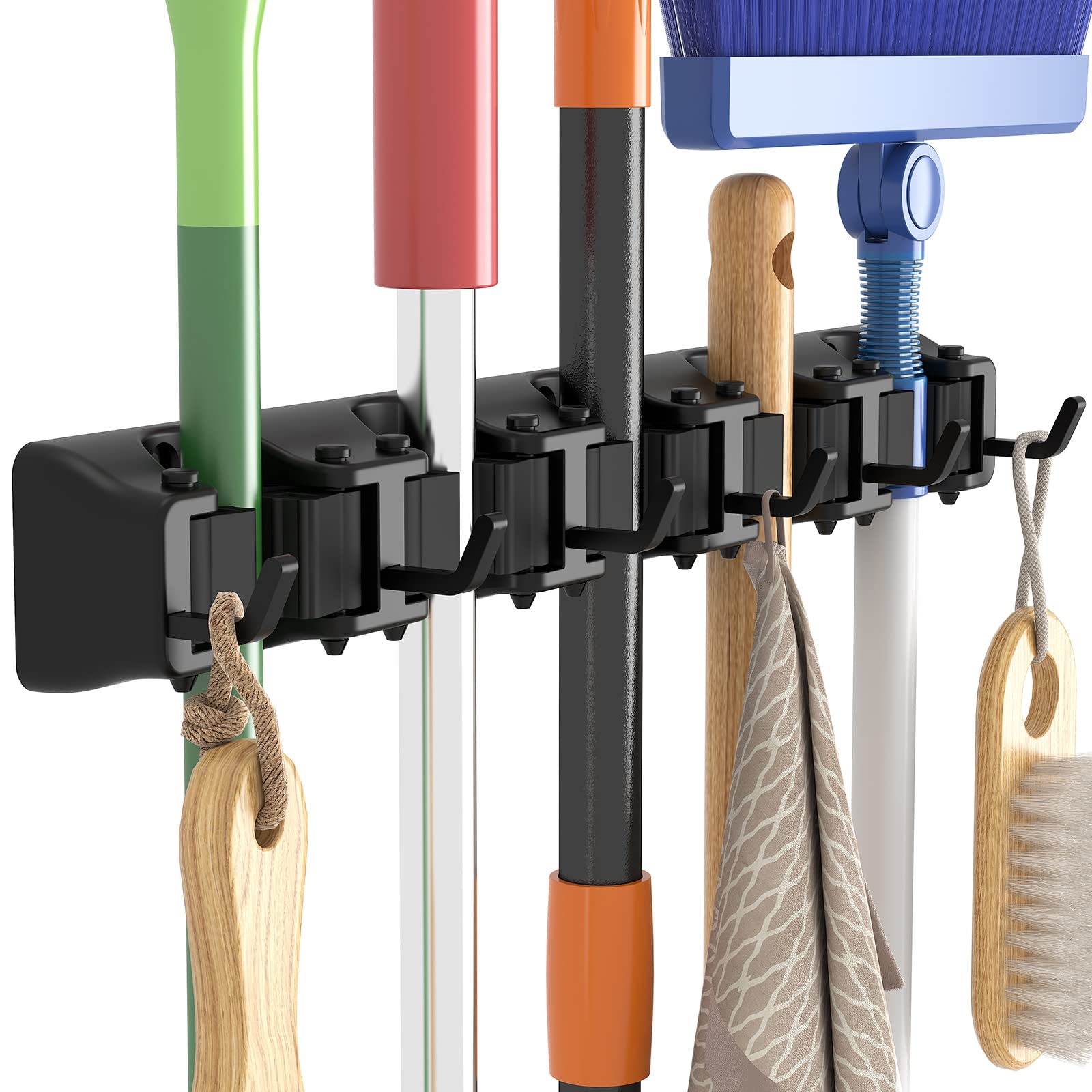 Lifewit Broom Mop Holder Wall Mounted, Heavy Duty Broom Storage with 5 Slot 6 Hooks, Utility Room Storage Solutions for Broom Cupboard Kitchen Bathroom Garage and Garden Tool Organiser, 1 Pack, Black