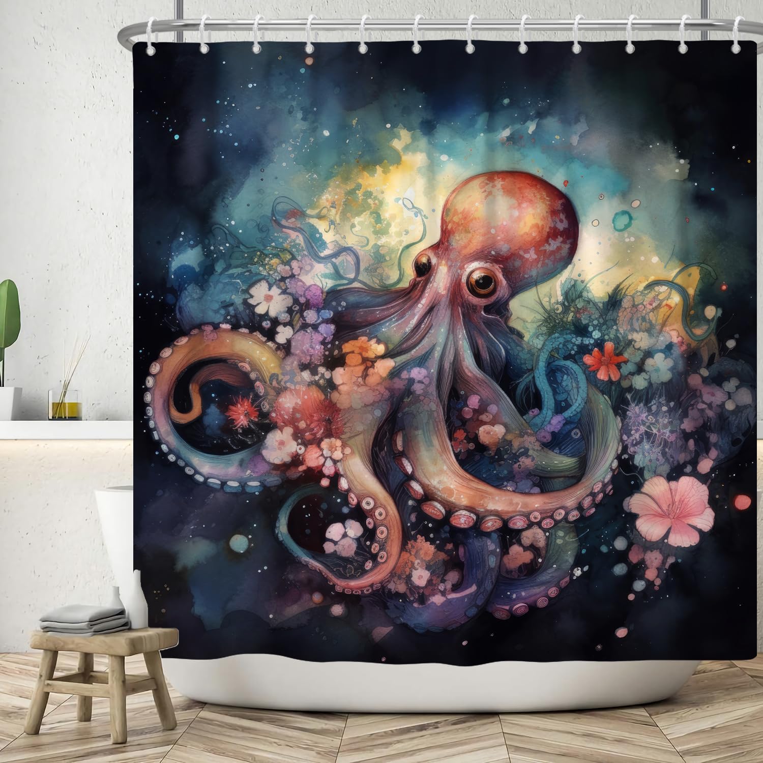 ASDCXZ Octopus Shower Curtain 180x200 cm, Art Watercolor Cute Octopus Rose Colorful Flowers Bath Washable Shower Curtains Polyester Textile Waterproof Bath Curtain for Bathtub with 12 Hooks