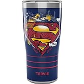 Tervis Traveler Warner Brothers Superman Strength Power N Justice Triple Walled Insulated Tumbler Travel Cup Keeps Drinks Cold & Hot, 20oz, Stainless Steel