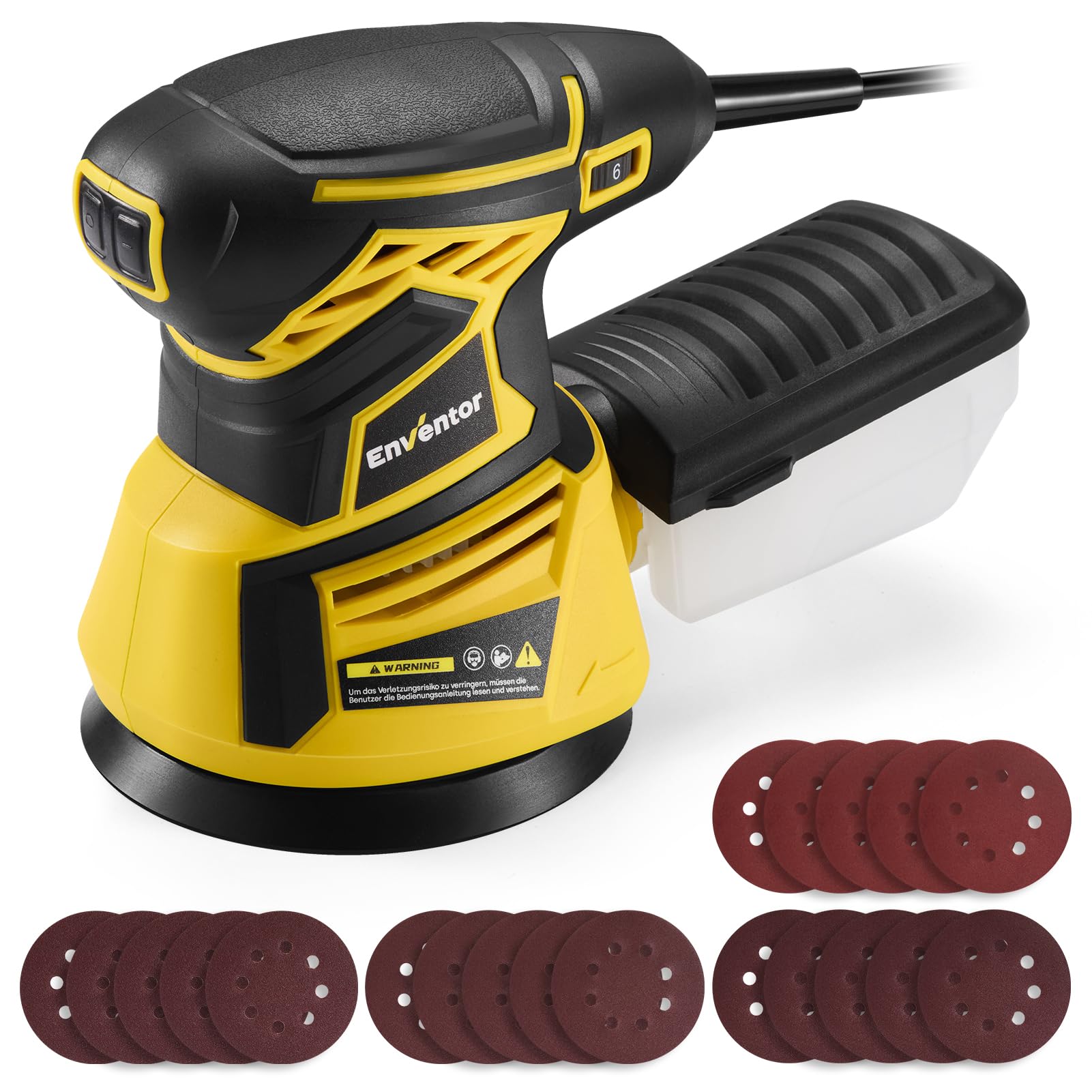 Enventor Electric Orbital Sander, 350W 6000-13000RPM Random Orbital Sander, 6 Variable Speeds, with Dust Collection Box, 125MM 20PCS Sandpapers for Wood Sanding and Polishing