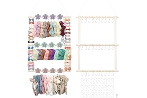 Munzong Headband Holder,Beige Bow Organizer for Baby Girls, Nursery Wall Hanging Clip Storage w/ 30 Hooks, Hair Accessories Organizer Rack Shelf for Toddler Kids Room Decor 15x20inch