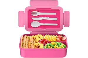 KEMETHY Bento Lunch Box for Kids, 4 Compartment Leak Proof Lunchbox with Tableware Kids boxes School, Microwave/Dishwasher/Freezer Safe, BPA-Free and Reusable, Pink