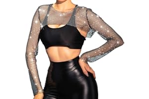 Nicute Mesh Rhinestone Crop Top See Through Crystal Long Sleeve Bodysuit Bikini Tops Sparkly Cover up Shirt Nightclub Party