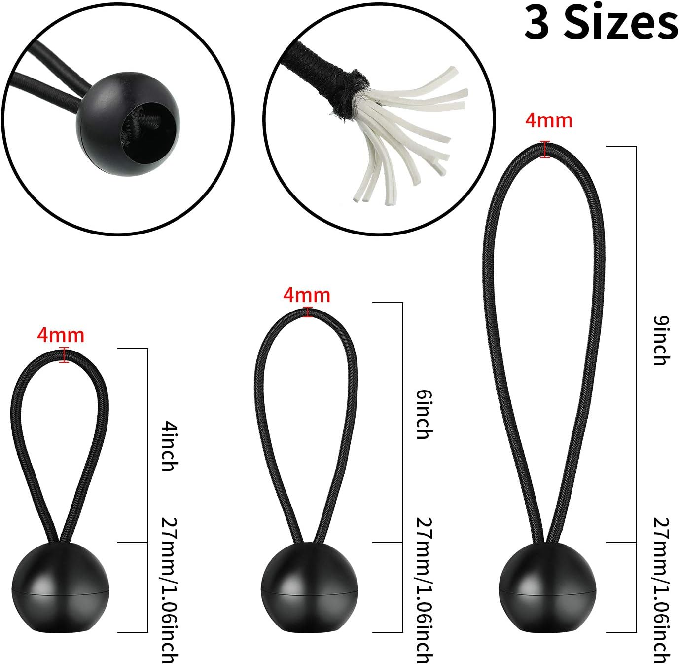 4 Inch 6 Inch 9 Inch Ball Bungee Canopy Cords 30 Pieces Tie Down Straps Black Bungee Cord Loop Straps for Securing Household Items, Automotive Items, Tarp Tie Down, Lacrosse, Soccer - - 