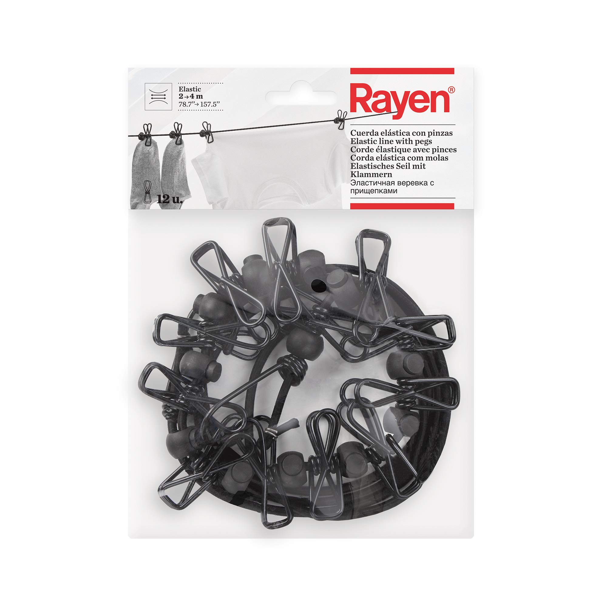 Rayen 0340 Elastic Cord Dimensions of m Length | 12 Clips Included | Suitable for Hanging Hangers | Clips, Polyester Silk, Latex, Metal, Black, 2 to 4 Metros