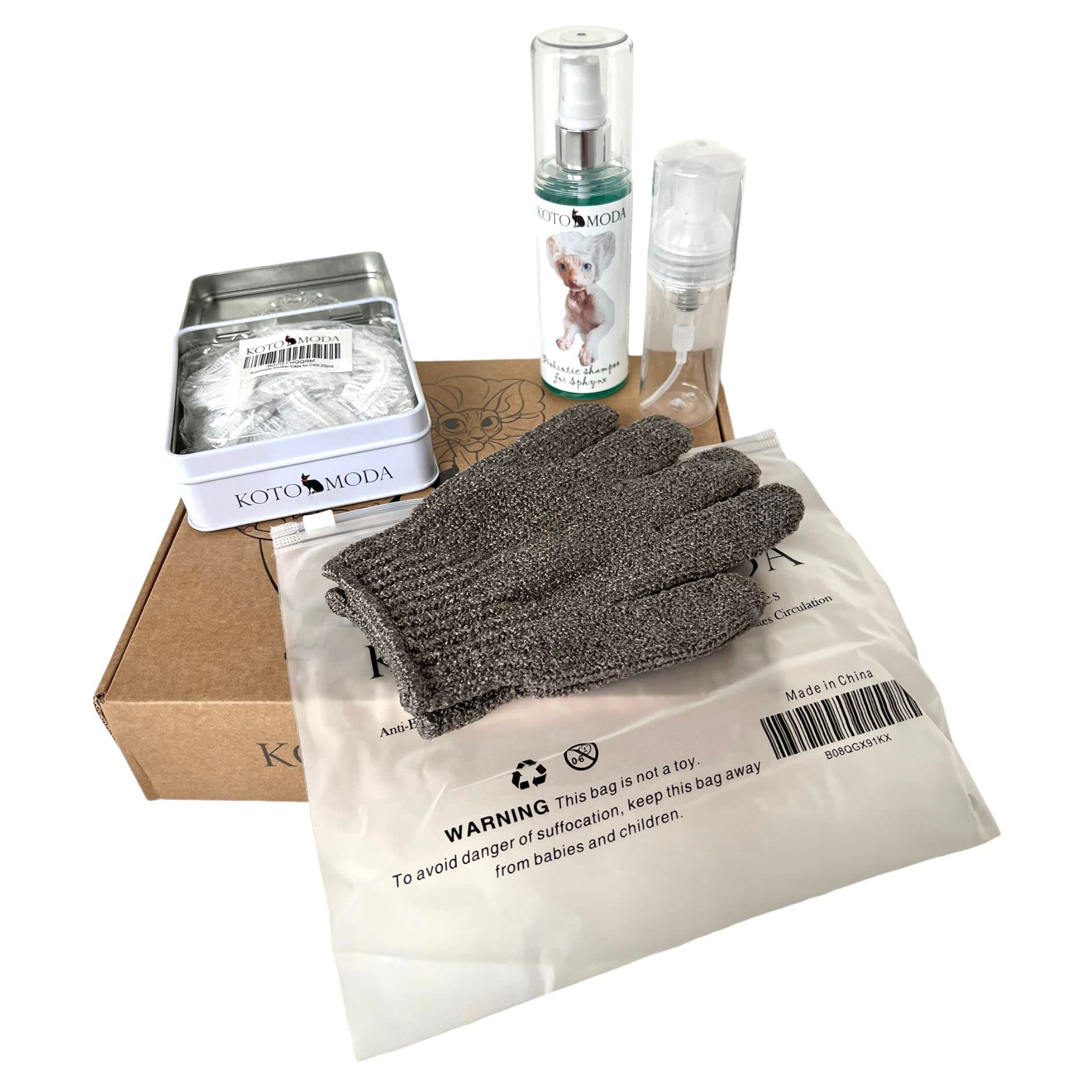 Kotomoda Bath Shower SPA set for sphynx and other naked pets Shampoo 120 ml with foam generator, shower caps in the tin box, bathing gloves