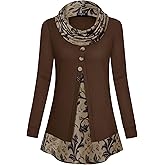 VALOLIA Womens Cowl Neck Long Sleeve Tunic Tops Button Casual Loose Shirts
