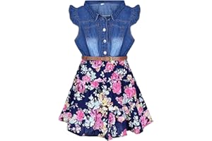 Girls Denim Floral Dress with Belt Teen Collar Button Down Ruffle Cuffs Shirts Flower Dresses Summer Trendy Clothes