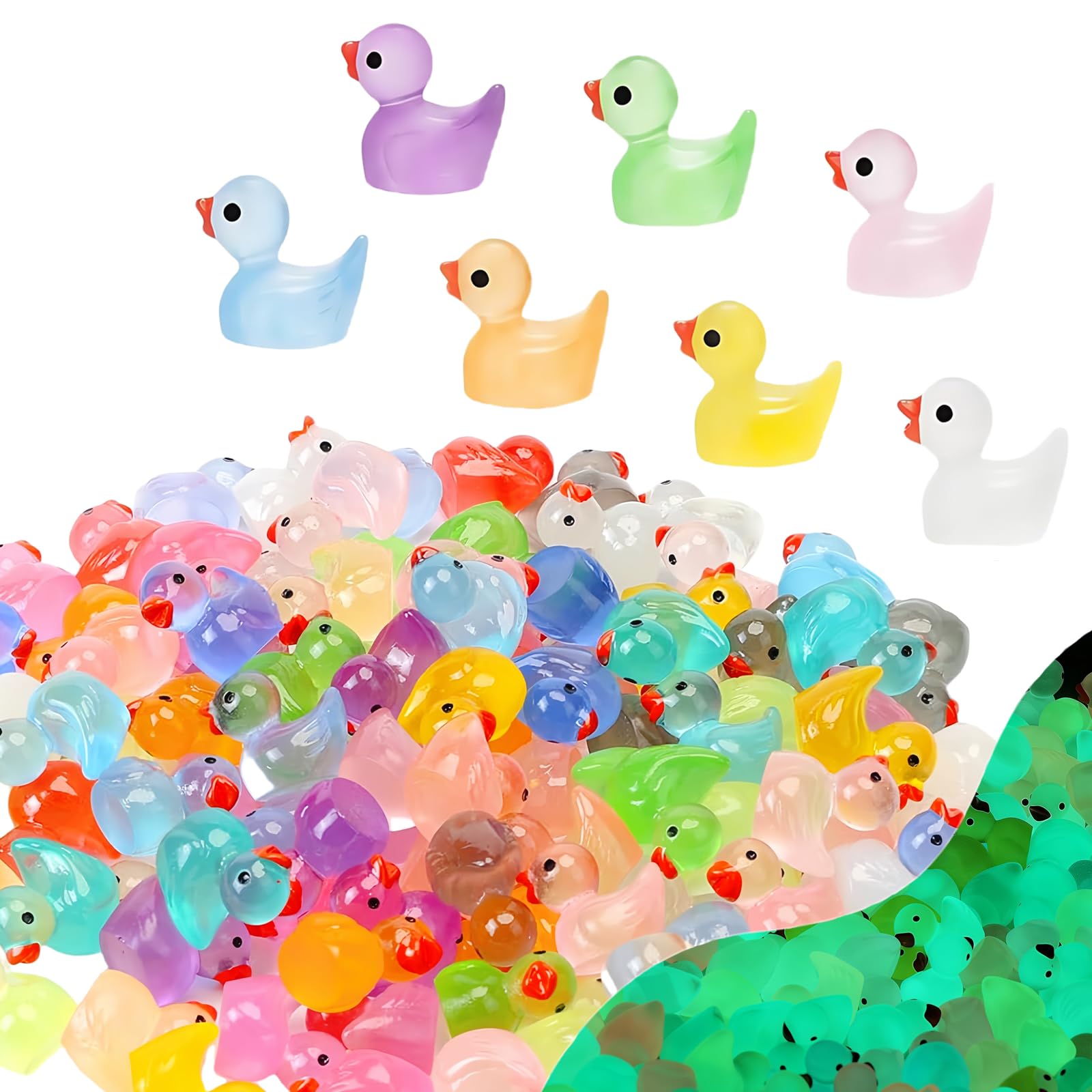 100pcs Mini Ducks, 7 Colors Luminous Small Resin Tiny Ducks Little Miniature Plastic Ducks Figurines Duck Bulk for Micro Fairy Garden Landscape DIY Miniature Dollhouse Accessories Hide Crafts Decor