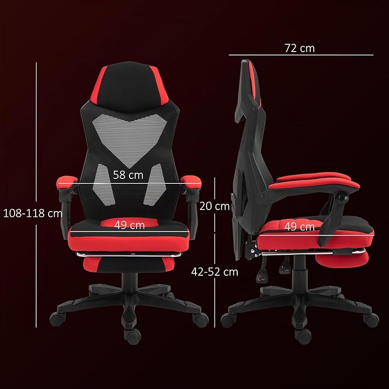 Silla Gaming Giratoria de Malla con Reposapiés Retráctil Rojo — foto 3 de 8