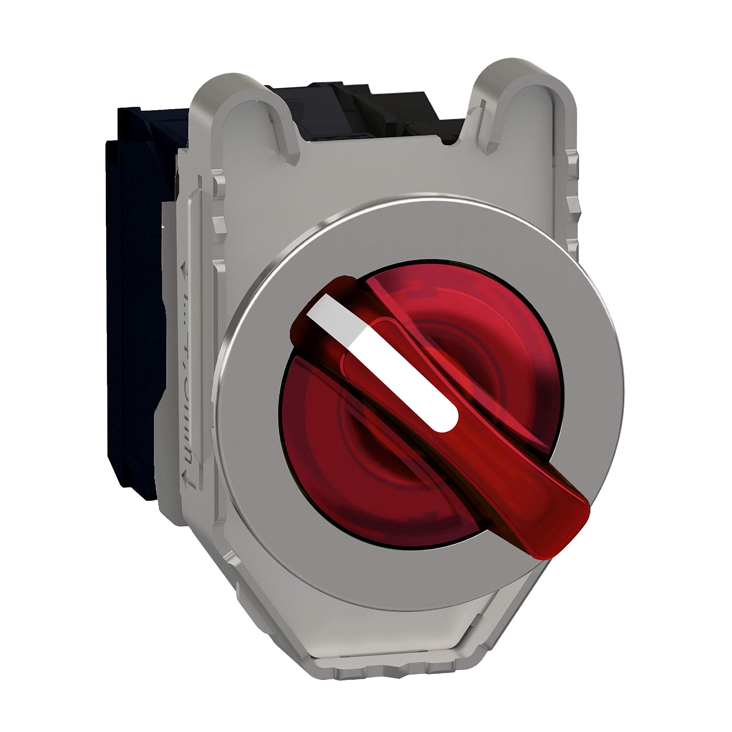 Schneider Electric Illuminated selector switch, Harmony XB4, metal, red handle, 30mm, universal LED, 2 positions, 1NO + 1NC, 24V AC DC