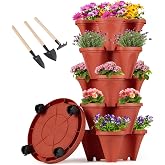 GameXcel Vertical Planter Tower - 5 Tier Stackable Garden Planters with Wheels and Tools Plant Pots for Strawberry Herb Flower and Vegetable Indoor Outdoor Use Red