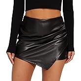 RIOJOY Women's Faux Leather Shorts High Waist Short Skirt Asymmetrical Ruched Wrap Skorts Skirts
