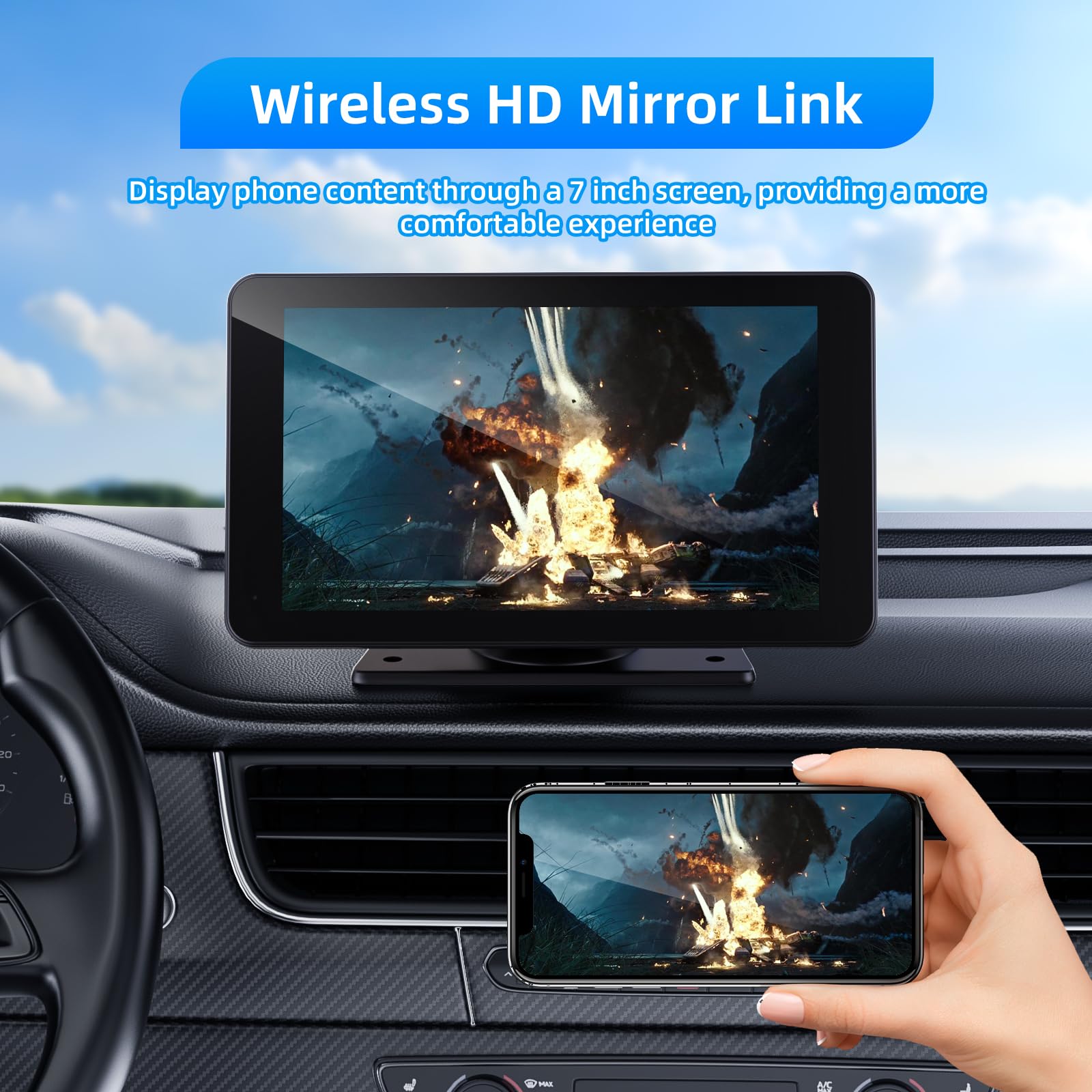 VUKARUAL Wireless Apple Carplay and Android Auto Screen for Car, 7