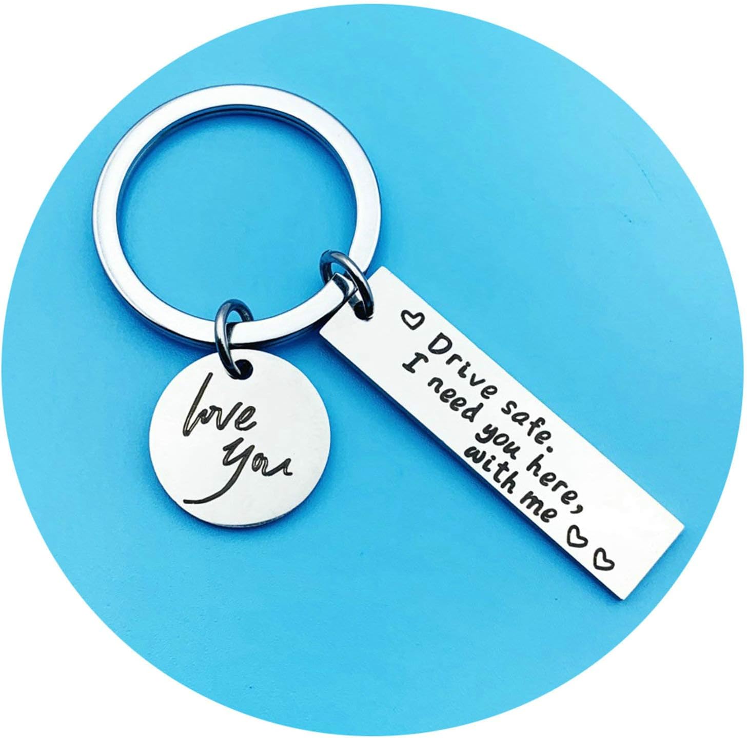 AienidKey Chain Bag Women's Silver Engraved Drive Safe I Need You Here with Me Keyring