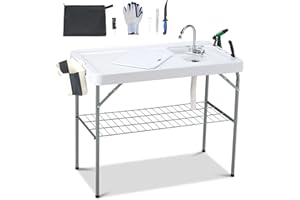 Dragosum Outdoor Sink Fish Cleaning Table Portable Camping Table with Faucet Hose Hook Up Grid Rack, Fish Fillet Camping Sink Table with 7pc Fish Cleaning Kit for Picnic Beach Patio(Grey)