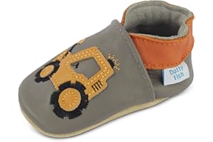 Dotty Fish Boys Soft Leather Baby & Kids Shoes - Barefoot-Friendly, Soft Non-Slip Suede Sole, Podiatrist Recommended, Breathable Leather, British Brand – Fun Designs with Transport Vehicles 0–4 Years