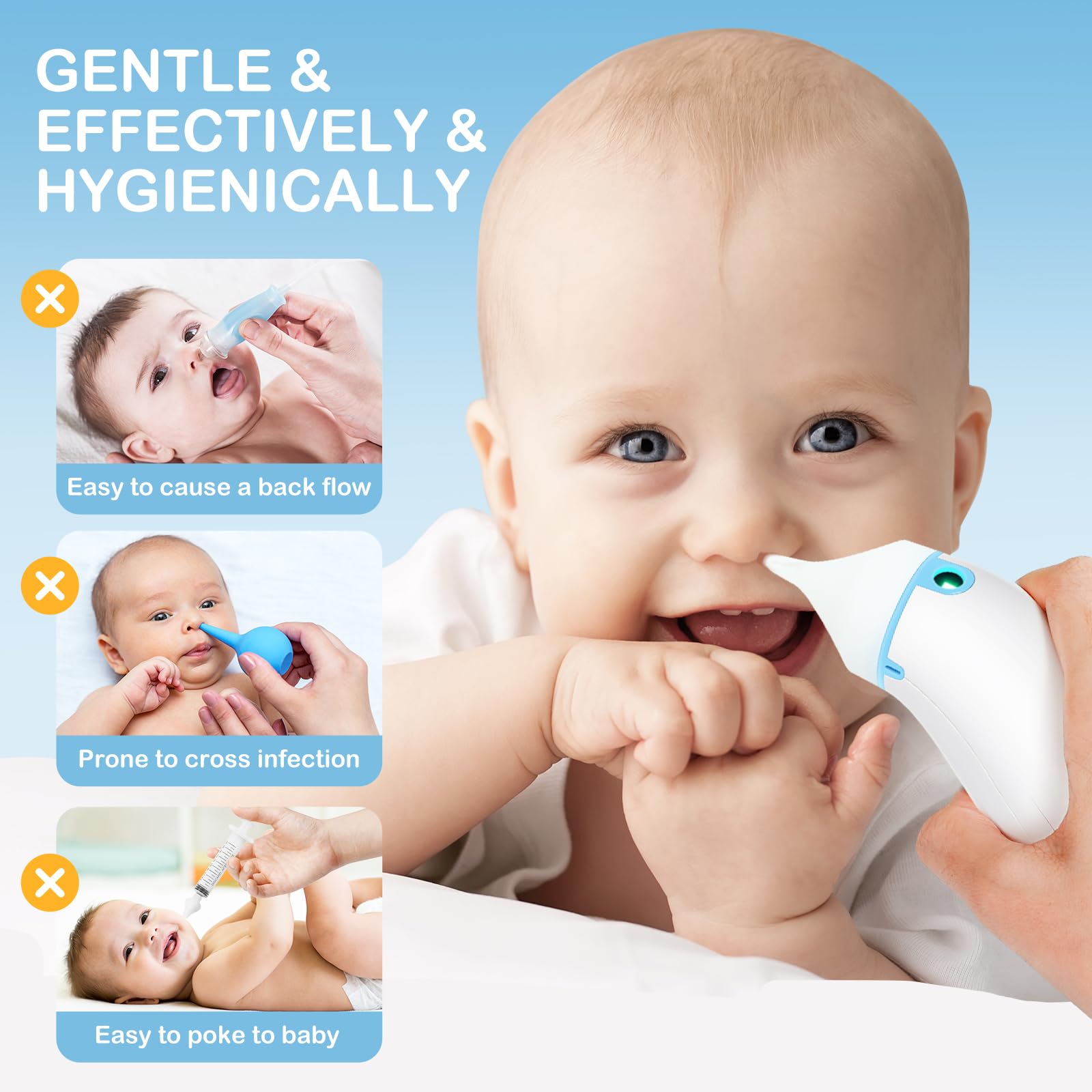 Easy@Home Nasal Aspirator for Baby: USB Rechargeable Electric Nose Suction, Gentle Effective Nose Sucker with 3 Levels of Adjustable Suction LED Night Light ENA102