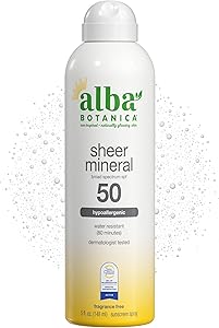 Alba Botanica Sheer Mineral Sunscreen Spray, SPF 50, Fragrance-Free Broad Spectrum, Water Resistant and Biodegradable, 5 fl. 