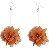 Seakuur Bohemian Big Fabric Flowers Dangle Drop Earrings Multicolor Handmade Lightweight Charm Chic Petal Hoop Earrings with Chiffon Floral Tassel for Women