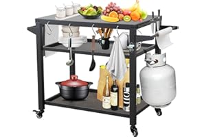 DOMI OUTDOOR LIVING Domi 42" W x 22" D Outdoor Grill Cart Table, Food Prep Table with 3 Storage Shelves & Wheels & Hooks, Movable Dining Cart Worktable Trolley for Outside Kitchen BBQ, Dark Gray