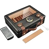FANKAI Cigar Humidor, Cigar Box with Hygrometer Humidifier and Divider, Glass Top Cedar Wood Storage Case for 30pcs-50pcs Cigars,Travel Cigar Accessories