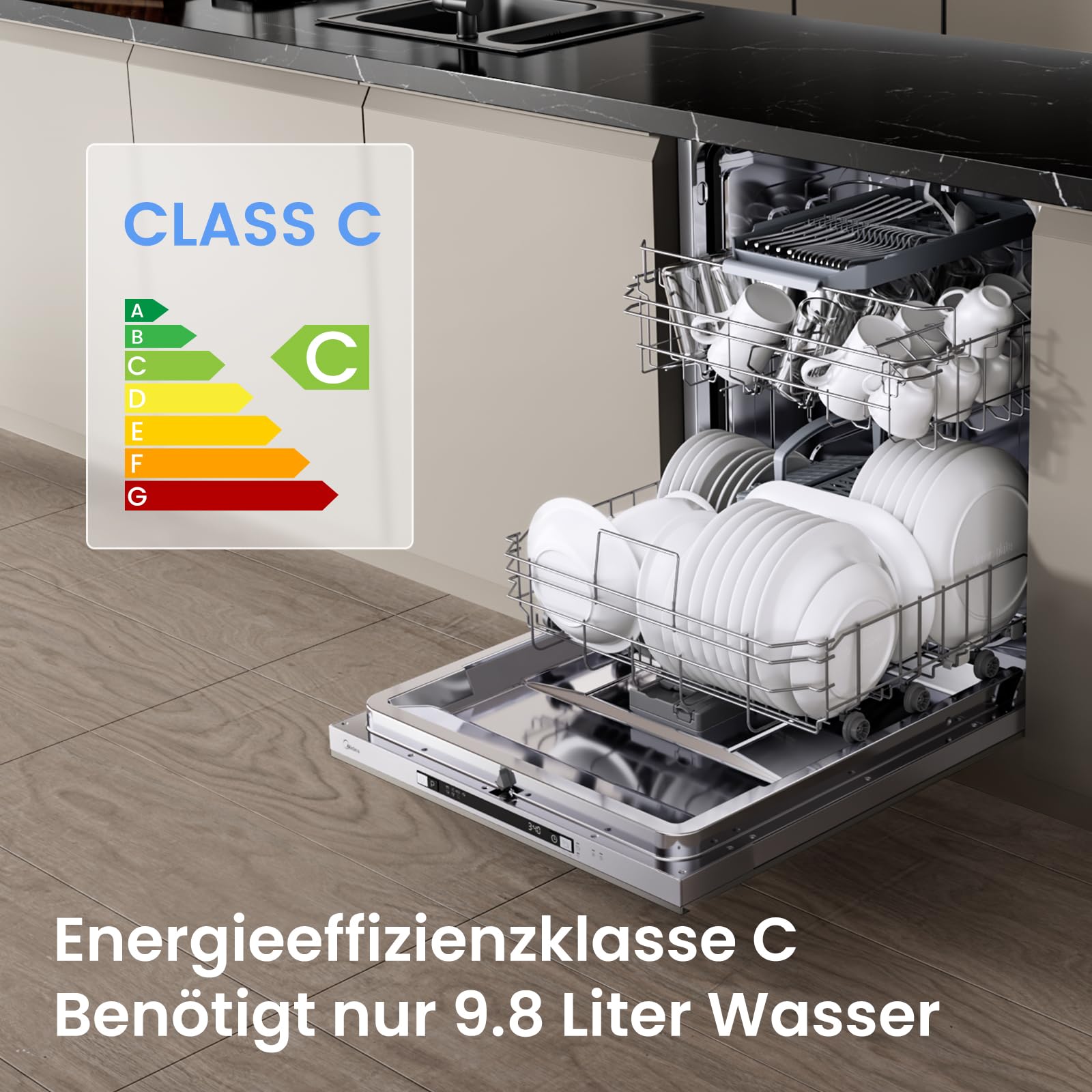 Midea SV 5.14K14C Geschirrspüler Vollintegriert 60cm, 14 Maßgedecke, Spülmaschine Unterbaufähig mit WIFI, 8 Programme, 44 dB, Automatische Türöffnung, 0-24H Startverzögerung, Inox 4