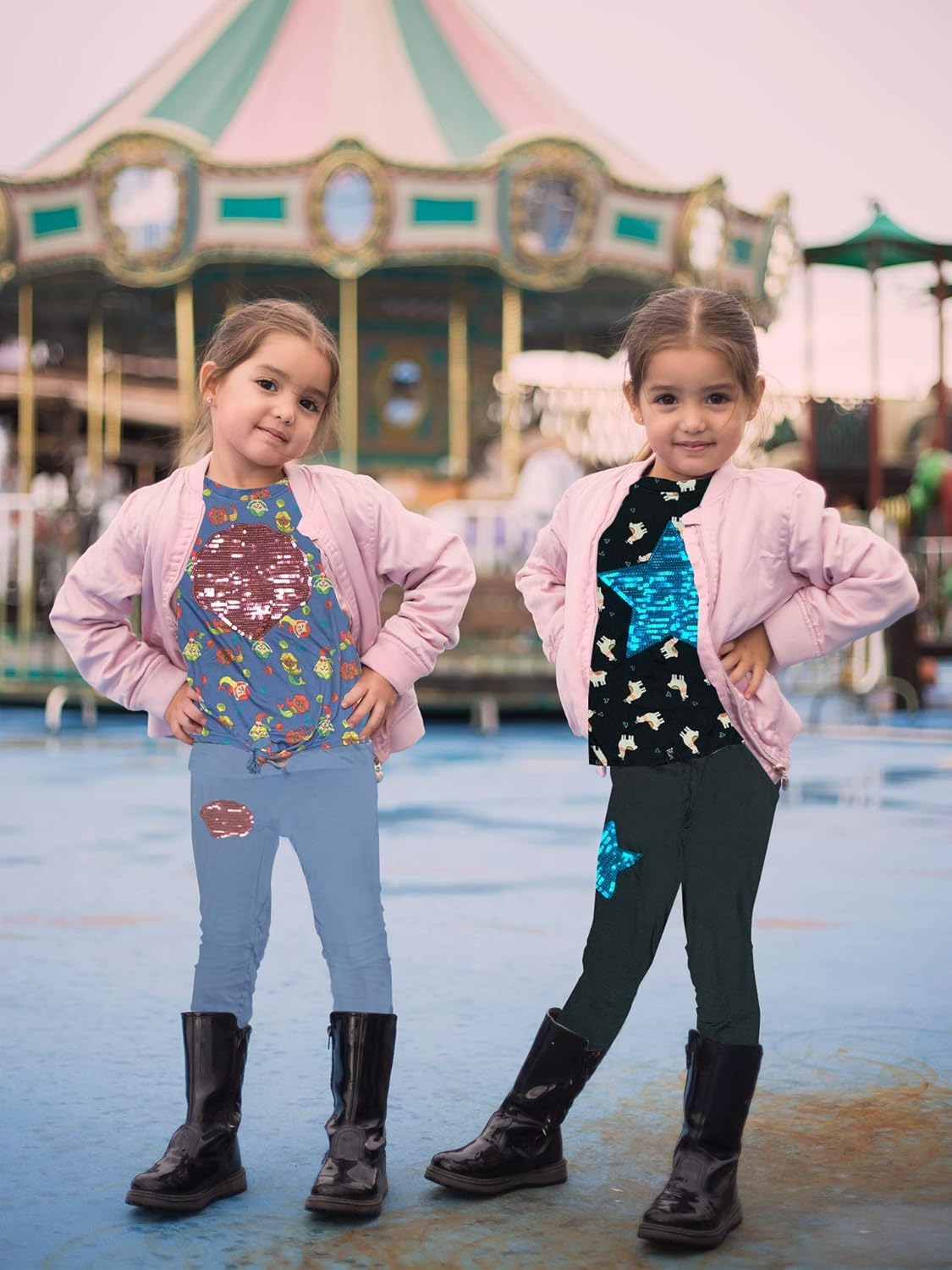 MISS POPULAR 6-Piece Set Girls Kids Sequins Applique Short Sleeve Tie Front T-Shirt with Jogger Pants Size 7-16: Clothing