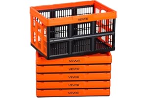 VEVOR Plastic Collapsible Storage Bins, 45L 6 Packs, Stackable Folding Storage Crates with Handles, Holds 33 lbs Per Bin, Fol