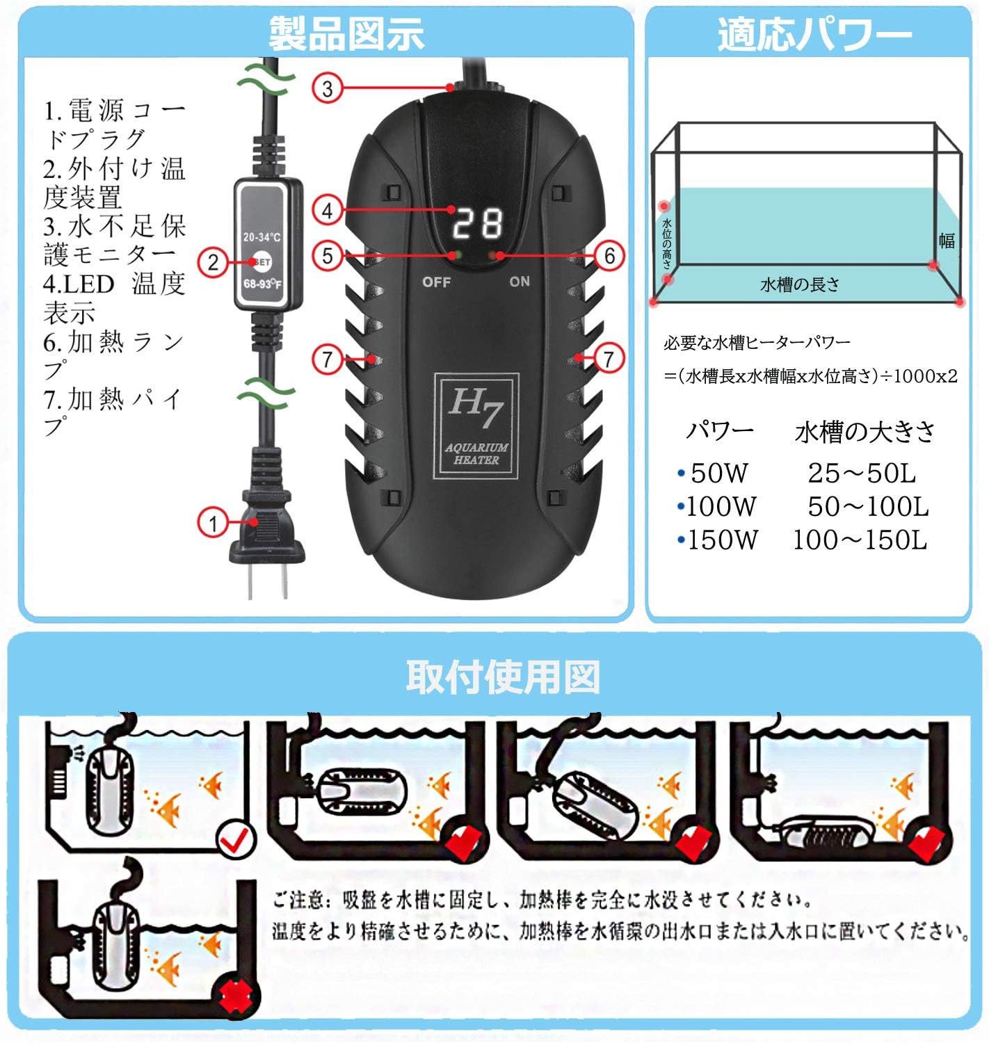 Amazon Bonheur 水槽用ヒーター Ledデジタル 34 オートヒーター 淡水海水両用 魚 亀 水中式 日本語取扱説明書付き 50w Bonheur ヒーター 通販