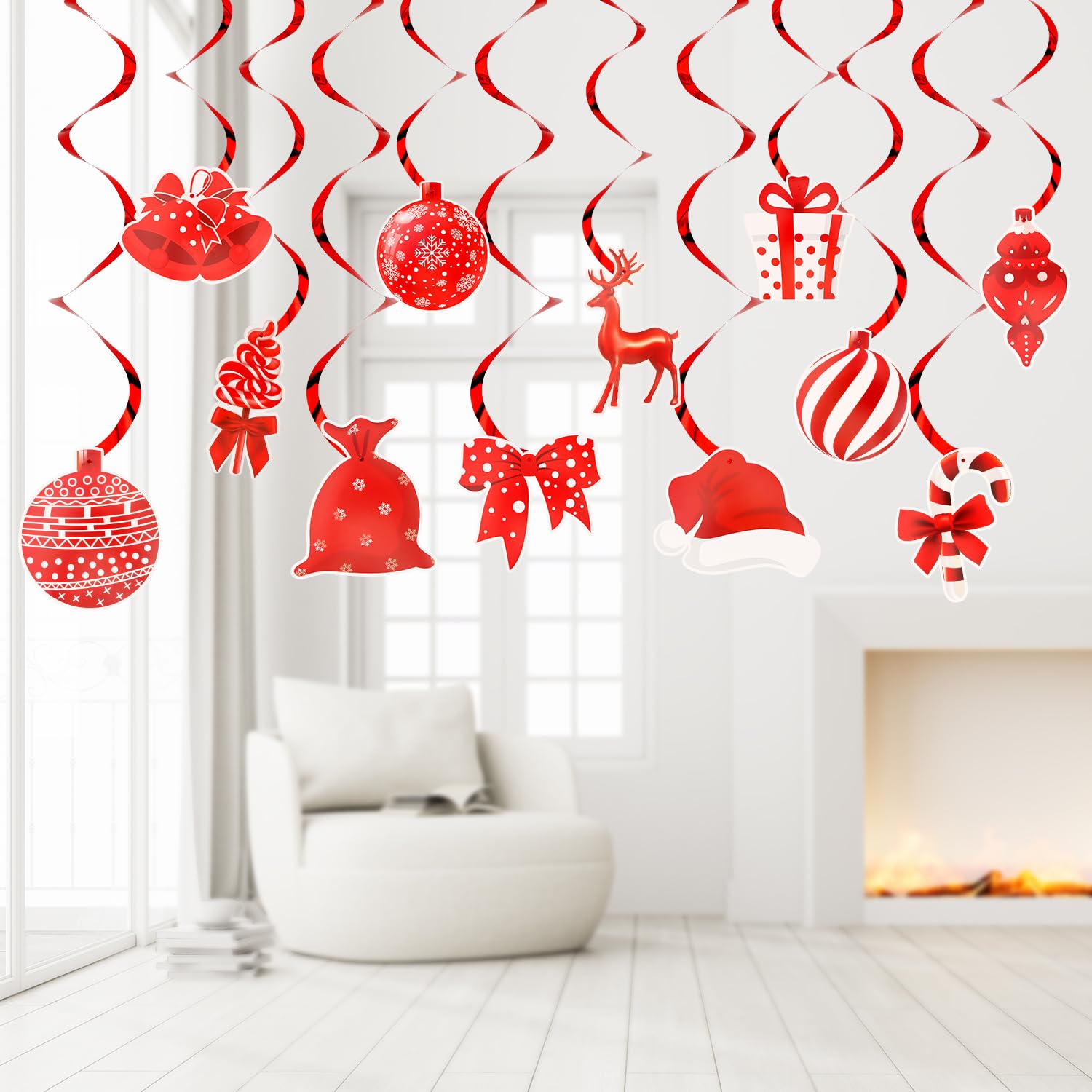 OWill 24 Pcs Christmas Ceiling Decorations Christmas Hanging Swirl Decorations Kit Red Christmas Candy Decorations Xmas Ceiling Indoor Decor for Happy Christmas Holiday Party Decoration Supplies