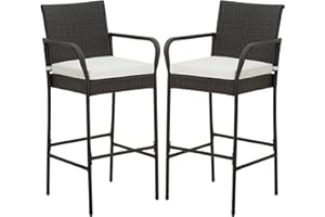 COSTWAY Wicker Bar Stools Set of 2, Patio Bar Height Chairs with Cushions, Armrests and Footrests, Outdoor Rattan Barstools for Backyard, Deck, Pool, 400 lbs Max Load (2, Mix Brown)
