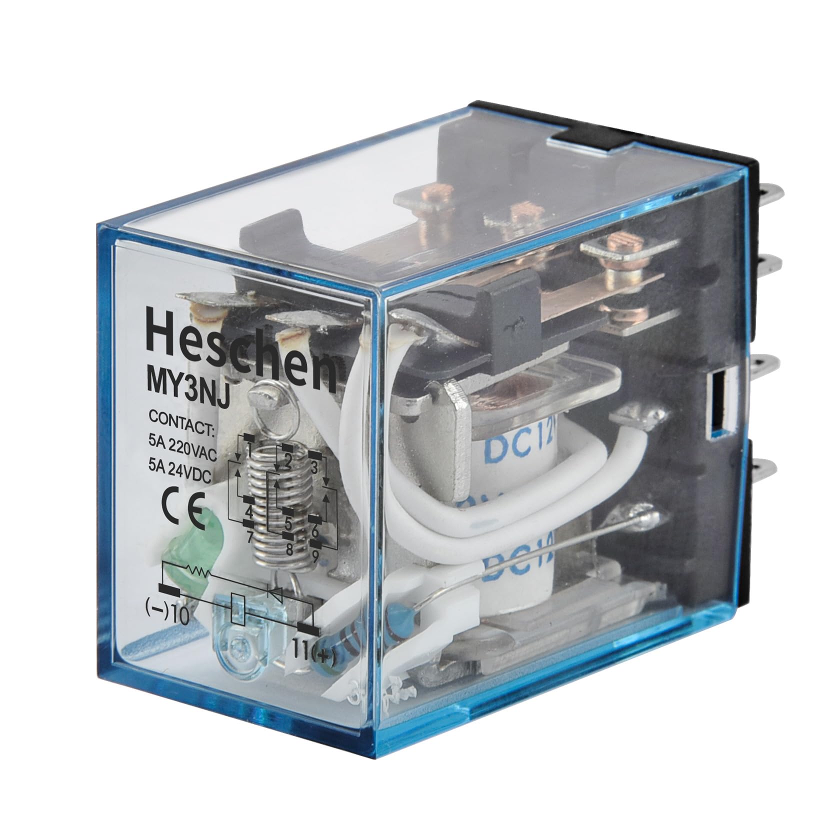 Heschen Gereral Purpose Power Relay, MY3NJ, 12VDC Coil, 5A 24VDC/220VAC, 3PDT, LED Indicator, 11 Pin Terminal